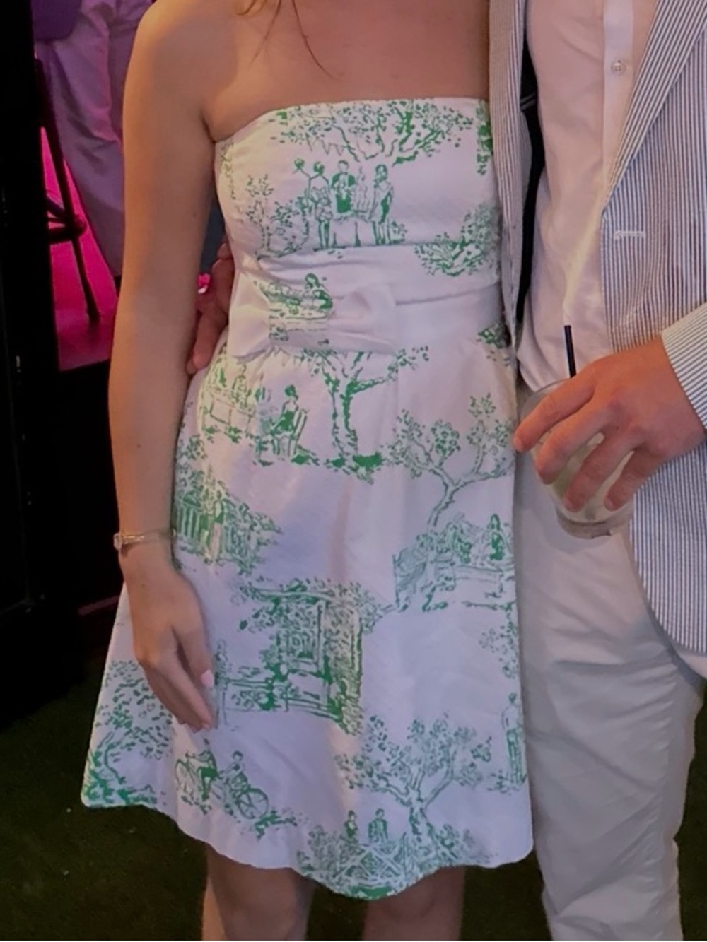 Vintage Lilly Pulitzer White Strapless Toile Dress with Green Print and Bow - Picture 3 of 5